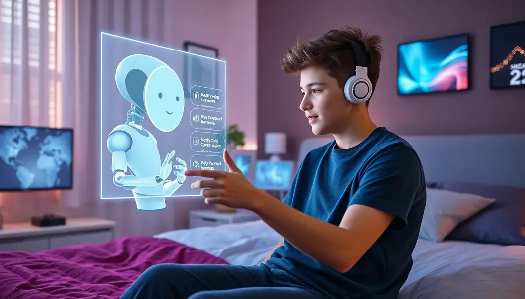 A futuristic gaming room equipped with VR gear and smart lighting.