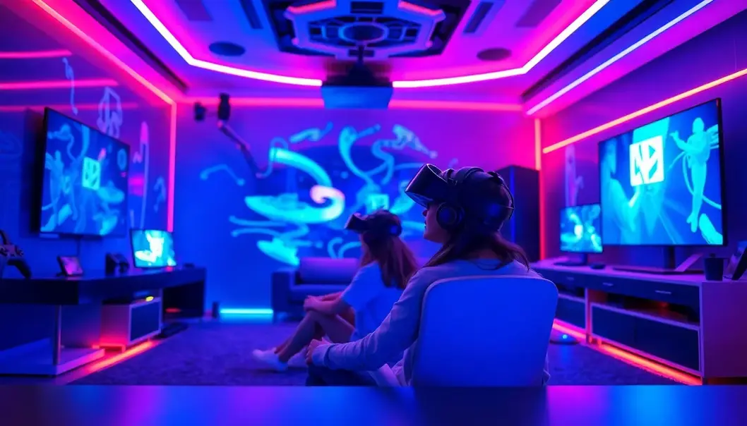 A futuristic gaming room equipped with VR gear and smart lighting.