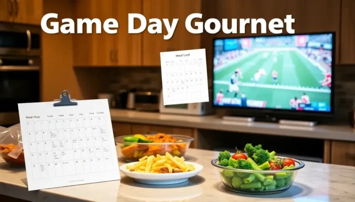 A kitchen scene with prepped meals, a sports event on TV, and a meal planning calendar.