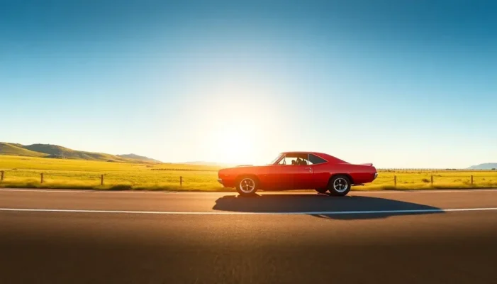 Classic muscle car on an open highway with lush landscapes and a clear sky.