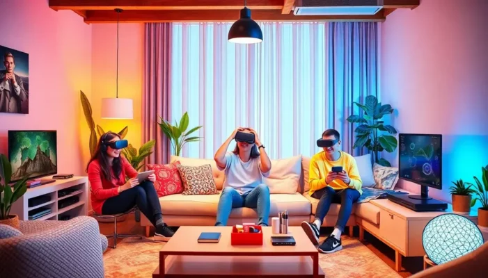 Teenagers in a modern home using various smart technology gadgets.